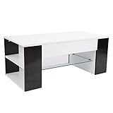 GOTOTOP Couchtisch mit Glasplatte und seitlicher Ablage für Wohnzimmer, Schlafzimmer, 100 x 50 x 42 cm, Weiß und Schw