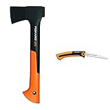 Fiskars Universalaxt, Inklusive Klingen- und Transportschutz, Länge: 35,5 cm, Antihaftbeschichtet, Schwarz/Orange, X7-XS, 1015618 & Handsäge für frisches Holz, Grobzahnung, 16 cm, Schwarz/Orang