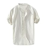 Herren Leinenhemd Kurzarm Sommerhemd Männer Freizeithemd Einfarbig Band Kragen Henley Hemden Knopf T-Shirts Einfarbig Hemd Slim Blusen für Männer Verkauf Clearance Retro Grandad Tees, beige, 100
