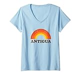 Damen Antigua Retro Urlaub Souvenir Palmen Karibik Sonnenuntergang T-Shirt mit V