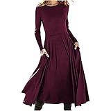 Langarm-Kleid für Damen, Vintage, Blumenmuster, ausgestellt, A-Linie, Swing, lässig, Party, Rundhalsausschnitt, Abendkleider mit Taschen, wein, M