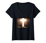 Damen Der Mann läuft zu christlichem Kreuz von Jesus Christus im Felsen T-Shirt mit V
