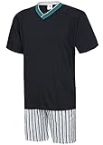 Moonline nightwear Herren Schlafanzug kurz Herren Pyjama kurz Herren Shorty Schlafanzug aus 100% Baumwolle (XXL/58-60, Oberteil Rauch blau/Hose gestreift)