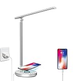 DOOK Schreibtischlampe LED mit Induktiv Wireless Charger, Dimmbare Faltbare Schreibtischlampe mit Augenschutz, USB Tischlampe 5 Farb 5 Helligkeitsstufen Dimmbar, 45 min Auto Timer (Weiß)