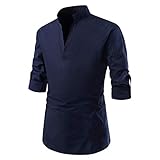 Zytyeu Business Hemd Herren Atmungsaktiv Slim Fit Einfarbig V-Ausschnitt Herren Freizeithemd Sommer Basic Tasten Herren Hemd Stehkragen Langarm Herren Henley Hemd D-Blue XXL