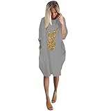 Weihnachtskleid Damen Christmas Longpullover für Damen Langarm mit Weihnachten Motiv 3D Gedruckt Tasche Sweatshirt Kleid O-Neck Weihnachten Netter Elch Schneemann Schneeflocke Druck Club