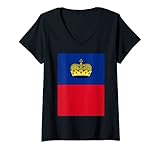 Damen Retro Vintage National Flagge Liechtenstein T-Shirt mit V