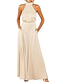 Minetom Jumpsuit Damen Elegant Einfarbig Playsuit Neckholder Ärmellose Cocktail Party Overalls Lang Romper Hose mit Weitem Bein D Beige S