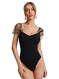 SheIn Damen Herz-Kragen Body Bodysuit Sommer Bodys mit Mesh Ärmeln Slim Damenbody Untershirts T-Shirts Sommertops Schwarz L