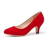 OCHENTA Women's Low Kitten Heels Round Toe Slip On Comfort Dress Shoes Pumps Velvet Red 8.5