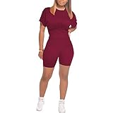 Qtinghua Damenbekleidung, 2-teilig, einfarbig, Rundhalsausschnitt, Taille, T-Shirt, elastische Taille, Shorts, Homewear-Sets, weinrot, 42