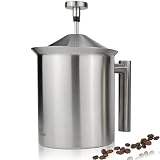 Milu Milchaufschäumer manuell | 400ml, 800ml | Edelstahl Hand Milchschäumer für Milch Cappuccino, Kaffee, Latte, Heiße Schokolade (Edelstahl, 400ml)