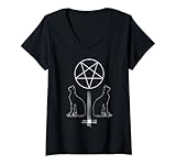 Damen Satanische Katzen | Pentagrammkreuz | Hagel Satan 666 | Evil T-Shirt mit V