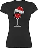 Weihnachten & Silvester Geschenke Party Deko - Weinglas mit Weihnachtsmütze - M - Schwarz - Tshirt Weihnachten Damen - L191 - Tailliertes Tshirt für Damen und Frauen T-S