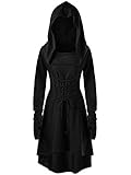 Tomwell Halloween Kostüm Damen Mittelalter Gothic Kleid mit Kapuze A-Linie Schnürkleid Renaissance Cosplay Party Übergröße Robe Hexen Umhänge Party Karneval Kleidung Schwarz S