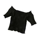 JUICEASE Damen-T-Shirt, schulterfrei, gestrickt, bauchfrei, T-Shirts, Streifen, Rüschen, Saum, Baumwolle, kurzärmelig, 2021 Sommer, Schwarz , Einheitsgröß