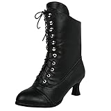 Stiefelette für Frauen mit Louis Absatz viktorianische Schnürstiefel Kunstleder Damen Mid Wade Stiefel, Schwarz , 36.5 EU