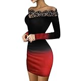 cderfv Party Ärmel Kleid Rollkragen Damen Säume Mode Glitzer Kontrast Langes Mesh Kleid Split Damenkleid Gaze Stitching Elegantes Kleid (Rot, M)