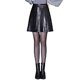 JFISQ Damen High Waist Pu-Lederröcke Winter Slim Kurz Faltenrock Mode Lässig Plus Size A-Linien-Rock Frauen Frühling, Herbst Plisseerock Für Alltag,Party,Schwarz,3XL