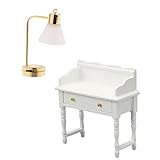 Milageto 1/12 Puppenhaus Handarbeit Shabby Chic Massivholz Schreibtisch mit LED Lampe für Wohnzimmermöb