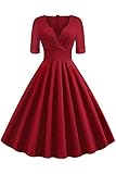 Damen Elegant Abendkleid Langarm 50er Jahre Swing Partykleid Tanzkleid Faltenrock Knielang Weinrot L