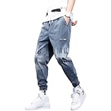 Luandge Elastische Taillen-Harem-Jeans für Herren, Mode, lockere Balkenfüße, Spleißen, Sport-All-Match-Neun-Punkt-Denim-Hosen mit Kordelzug M