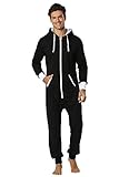 URVIP Herren Solider Jumpsuit ohne Füße Pyjama mit Kapuze One Piece Homewear Playsuit Erwachsener Strampler Trainingsanzug Schwarz und Weiß M