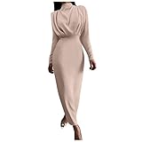 TTLOVE Damen Kleid Langärmelig Midikleid Strandkleid Elegant Abendkleid Party Kleid Temperament Slim Fit Gürteltasche Hintern Einfarbig Langarmk