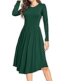 YUNDAI Lässiges Tunika-Kleid für Damen, gepunktet, plissiert, locker, fließend, Midi-Kleid mit Tasche, A7 langarm dunkelgrün, L