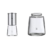 WMF De Luxe Salz und Pfeffermühle, unbefüllt, Cromargan Edelstahl Glas, Keramikmahlwerk, Mühle für Salz, Pfeffer, Chillischoten, H 14 cm & Ersatzglas Gewürzmühle De Luxe, Trend, Ceramill N