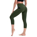 HLTPRO Capri Yoga High Waist 3/4 Leggings Damen mit Handytaschen - Sporthose mit Bauchkontrolle, Olivgrün, L