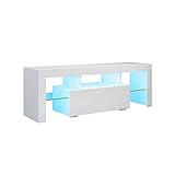 SONNI TV Schrank Weiss, TV Board Hochglanz, mit LED Beleuchtung(12 Farben können eingestellt Werden), mit Klapptür, mit Glasregal, Griffloses Design, 130 x 35 x 45