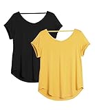 icyzone Damen Rückenfrei Yoga T-Shirt Kurzarm Sport Freizeit Tops Lose V-Ausschnitt Shirt, 2er Pack (L, Schwarz/Gelb)