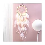 Dsaren Bohemian Dekoration, Led Traumfänger Mädchen Handgefertigt Dreamcatcher Spitze Traumfänger Federn Weiß für Gute Träume Wandbehang Auto Raum Mädchen Kreatives Geschenk