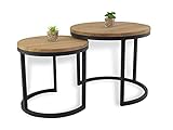 Lumarc Modena, 2er Set Couchtisch aus Massivholz Natur Eiche im Industrial Minimalistisch Design, Rund, Ø50x43 cm / Ø40x38 cm (Schwarz)