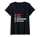 Damen Dizi Cay Cekirdek Repeat türkische Sprüche lustiges T-Shirt mit V