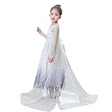 IMEKIS Mädchen Prinzessin Eiskönigin ELSA Kostüm Karneval Cosplay Verkleiden Langarm Pailletten Tüll Festkleid mit Umhang Zubehör Geburtstag Outfit Weiß 3-4 J