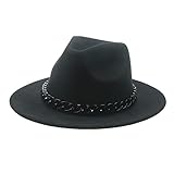 REJIUJIU Fedora Trilby Fedoras Damen Hut Breiter Krempe Feste Kette Panama Western Cowboy Filzhut Für Männer Outdoor Damen Hüte 56-58Cm Schw