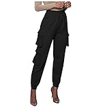 Damen Cargohose Solide Kordelzug Jogger Hose Hohe Taille Hose mit Multi Taschen, Schwarz , S