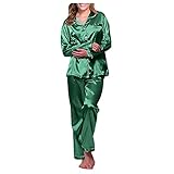 Geilisungren Zweiteiliger Pyjama Damen Lang Schlafanzug Set Mädchen Nachtwäsche Langarm Satin V-Ausschnitt Pyjama Set für Frauen Umlegekragen Lange Hose Sleepwear Nachthemd mit Knop