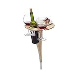 FJSC Premium Outdoor Klappweintisch, Tragbarer Strand Picknicktisch Mit Flaschenhalter, Zusammenklappbarer Runder Desktop, Mini Holz Picknick Snacktisch, Outdoor Weinglasreg