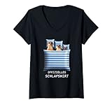 Damen Offizielles Schlafshirt Erdmännchen Familie im Bett Decke T-Shirt mit V