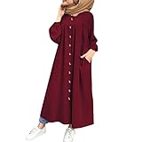 Xmiral Damen Knopf Kleid Beiläufig Einfarbig Vorher-Taste Langarm Lockeres Langes Kleid Partykleid Mit Tasche (Rot, M)