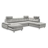 Stella Trading ALBA Wohnlandschaft in U-Form, Stoffbezug Silber - Ausziehbares Sofa mit Schlaffunktion & Bettkasten - 349 x 88 x 233 cm (B/H/T)