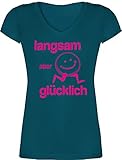 Wandern Laufen Joggen Zubehör - Langsam Aber glücklich - S - Türkis - t Shirt Kaffee Damen - XO1525 - Damen T-Shirt mit V