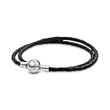 Pandora Moments Armband, schwarzes Leder, zweifach gewickelt Sterling Silber 590745CBK-D3