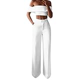 Ansenesna Damen Kleidung Set Schulterfrei Crop Shirt und Hose High Waist Weites Bein Gerade Outfit (Weiss,L)