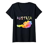 Damen Bunte isolierte Österreich-Karte in Aquarell, bunte Farbe T-Shirt mit V