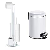 WENKO Stand WC-Garnitur Rivalta Weiß - WC-Bürstenhalter, Stahl,18 x 70 x 23 cm, Weiß & Kosmetik Treteimer Leman Weiß 3 l - Kosmetikeimer, Mülleimer Fassungsvermögen: 3 l, Stahl,17 x 25 x 22.5 cm, Weiß