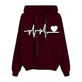 Pullover Damen Herbst mit Kapuze Kapuzenpullover Langarm Hoodie Oversize Hoody Sweatshirt Mode Kapuzenpulli Übergangspullover,4 Arten Von Einfachen Druckstilen,Viele Farben Sind Verfügbar,Grau,S-XXL